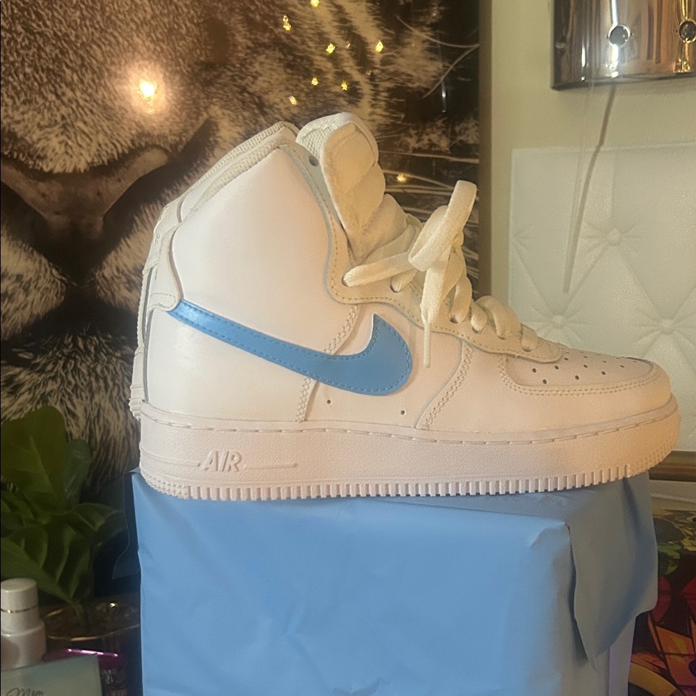 Nike White High-Tops with Blue Swoosh